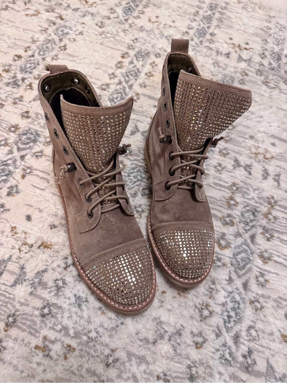 Embellished Taupe Women's Lace-Up Combat Boots